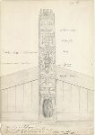 "Heraldic and totemic column or Picturegraph in front of house at Skidegate QC Island, BC." Pencil drawing, 25.4 x 18 cm.