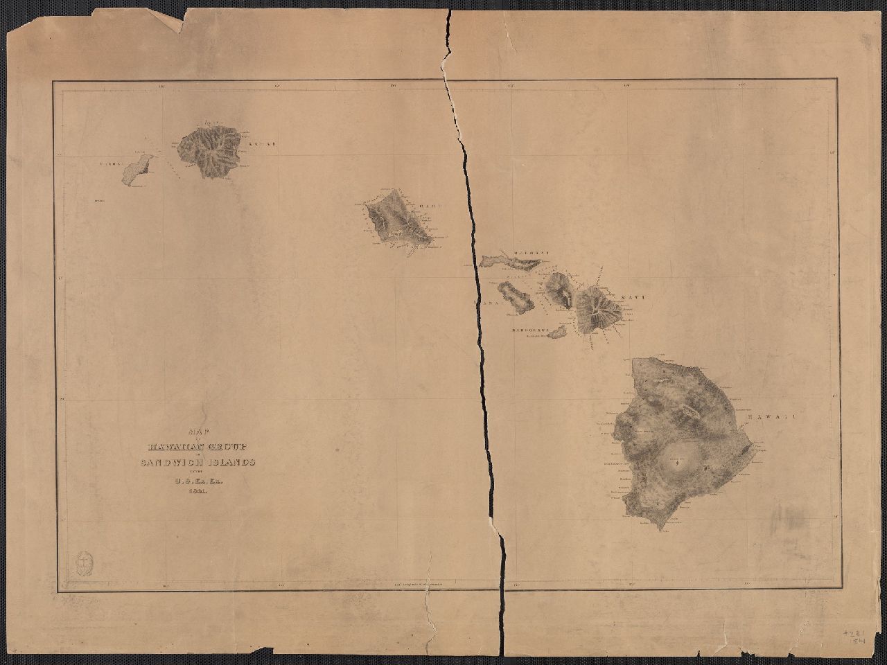 1841 Map of Hawaiian Group or Sandwich Islands by the U.S. Ex.Ex. 1841. Engraved by Sherman & Smith, NY