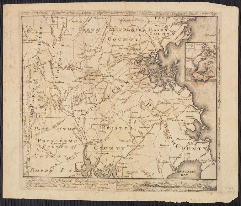 [Map of Eastern Massachusetts, including parts of Plymouth, Bristol, Suffolk, Hampshire, Middlesex and Essex Counties, with a portion of Providence County of Rhode Island included] Inscription reads: To the Hone. Jno. Hancook Esqre. President of ye Contin
