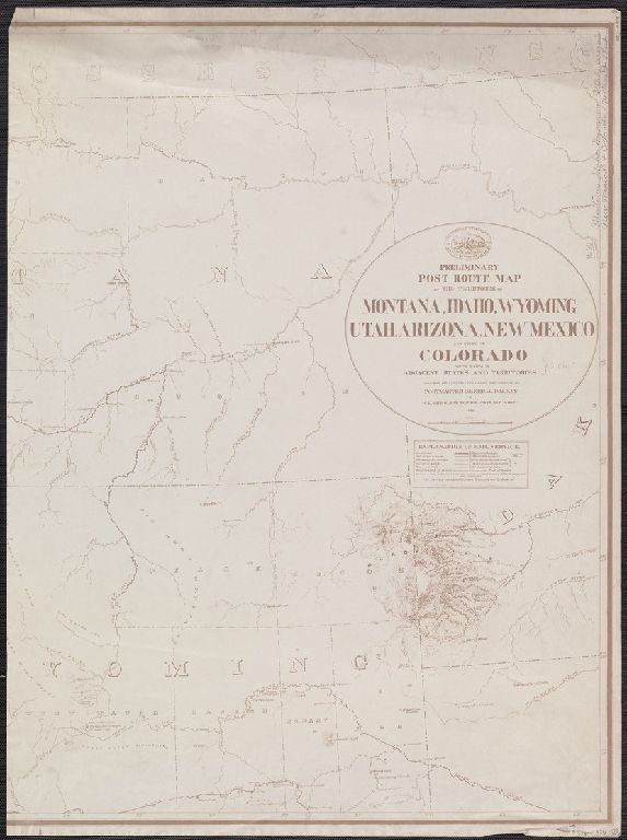 Preliminary post route map of the territories of Montana, Idaho, Wyoming, Utah, Arizona, New Mexico and state of Colorado, with parts of adjacent states and territories / designed and constructed under the orders of D.M. Key by W.L. Nicholson of P.O. Dept