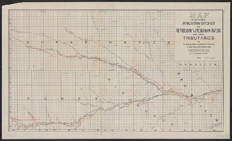 Map showing irrigation ditches on Republican and Frenchman rivers and their tributaries in Chase, Dundy, Hayes, Hitchcock & Red Willow counties, Nebraska / State Engineer's Office ; A.B. McCoskey.