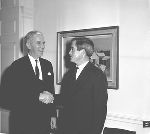 Kingman Brewster, Jr., being congratulated by Jonathan Bingham on becoming the 17th president of Yale, April 10-11, 1964.