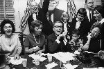 Mayor Richard C. Lee happily takes in the returns for his re-election to his term in office on Election Night 1963 at the 16th Ward on Shelton Avenue.