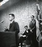 Paul Rudolph at the podium for the dedication of the Art & Architecture Building.