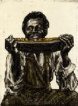 Glass window pane of a black man eating a watermelon.