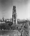 Aerial view of Harkness Tower looking toward downtown New Haven.