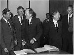 Howard Weaver, on the left, and Mayor Richard C. Lee stand beside Vice President Hubert Hamphrey.