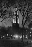Harkness Tower lit up at night.
