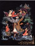 Russian Ded Moroz (Santa) surrounded by characters from Russian fairytales.