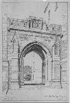 Small perspective drawing of Daniels Memorial Gateway by Charles Coolidge Haight, architect, erected on Old Campus between Durfee and Wright halls.