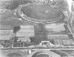 Aerial view of Yale Bowl in background with other athletic buildings.